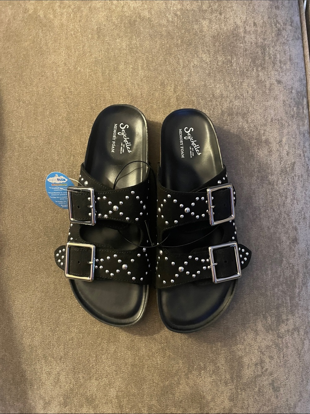 Seychelles Black Studded Double-Buckle Slide Sandals